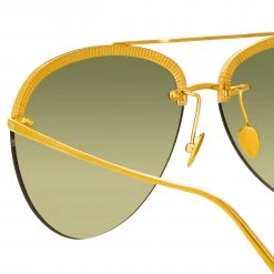 LINDA FARROW UK Dee Aviator Sunglasses In Yellow Gold And Green
