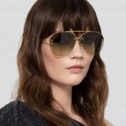 LINDA FARROW UK Dee Aviator Sunglasses In Yellow Gold And Green