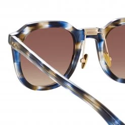 LINDA FARROW (U.K.) Fletcher Angular Sunglasses In Blue Tortoiseshell