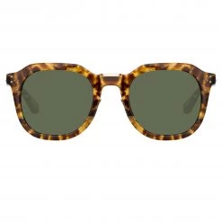 LINDA FARROW (U.K.) Fletcher Angular Sunglasses In Tobacco Tortoiseshell And Green Women's