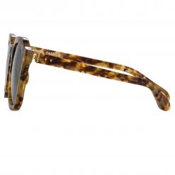 LINDA FARROW (U.K.) Fletcher Angular Sunglasses In Tobacco Tortoiseshell And Green Women's
