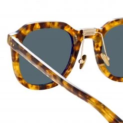 LINDA FARROW (U.K.) Fletcher Angular Sunglasses In Tobacco Tortoiseshell And Green Women's