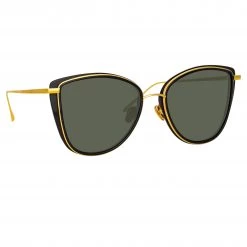 LINDA FARROW UK Liza Cat Eye Sunglasses In Black And Yellow Gold Women's