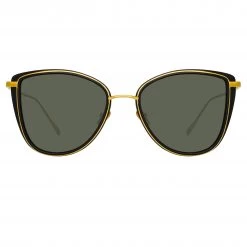 LINDA FARROW UK Liza Cat Eye Sunglasses In Black And Yellow Gold Women's