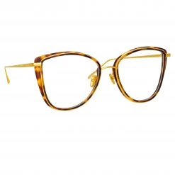 LINDA FARROW UK Liza Cat Eye Optical Frame In Tortoiseshell And Yellow Gold