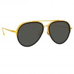 LINDA FARROW (U.K.) Abel Aviator Sunglasses In Black And Yellow Gold Women's