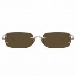 LINDA FARROW (U.K.) Taylor Rectangular Sunglasses In Light Gold And Brown