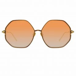 LINDA FARROW (U.K.) Leif Oversized Sunglasses In Yellow Gold And Brown Women's