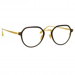 LINDA FARROW (U.K.) Axel Angular Optical Frame In Yellow Gold And Black (Men's) Women's