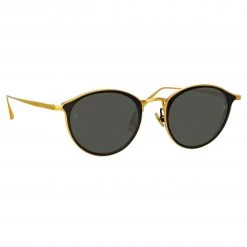 LINDA FARROW (U.K.) Luis Oval Sunglasses In Yellow Gold And Black