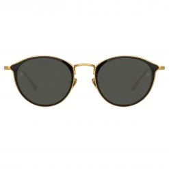 LINDA FARROW (U.K.) Luis Oval Sunglasses In Yellow Gold And Black