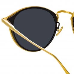 LINDA FARROW (U.K.) Luis Oval Sunglasses In Yellow Gold And Black