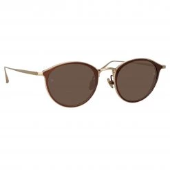 LINDA FARROW (U.K.) Luis Oval Sunglasses In Light Gold And Brown (Men's)