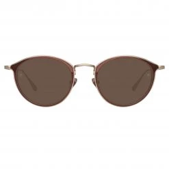 LINDA FARROW (U.K.) Luis Oval Sunglasses In Light Gold And Brown