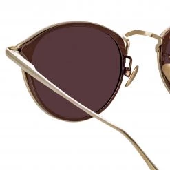 LINDA FARROW (U.K.) Luis Oval Sunglasses In Light Gold And Brown