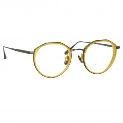 LINDA FARROW (U.K.) Cesar Angular Optical Frame In Nickel And Yellow Gold
