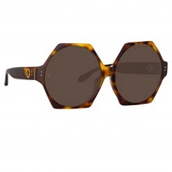 LINDA FARROW (U.K.) Bora Hexagon Sunglasses In Tortoiseshell Women's