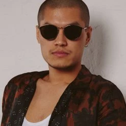 LINDA FARROW (U.K.) Luis Oval Sunglasses In Light Gold And Brown (Men's)